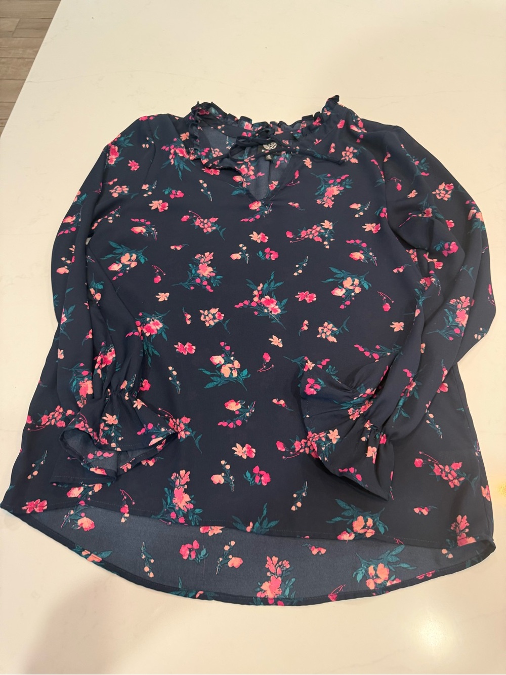bobeau Navy Floral Ruffle-Neck Long Sleeve Blouse